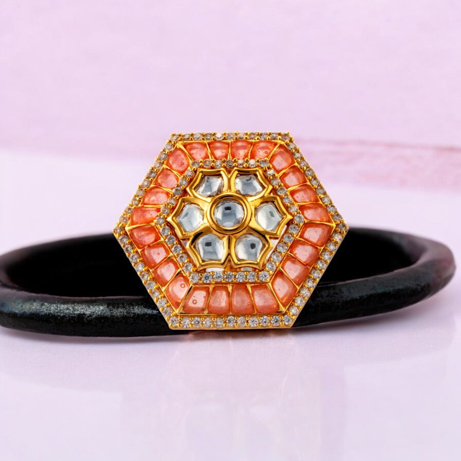 925 Sterling Silver Gold Plated Kundan Studded Adjustable Cocktail Ring for Women & Girls