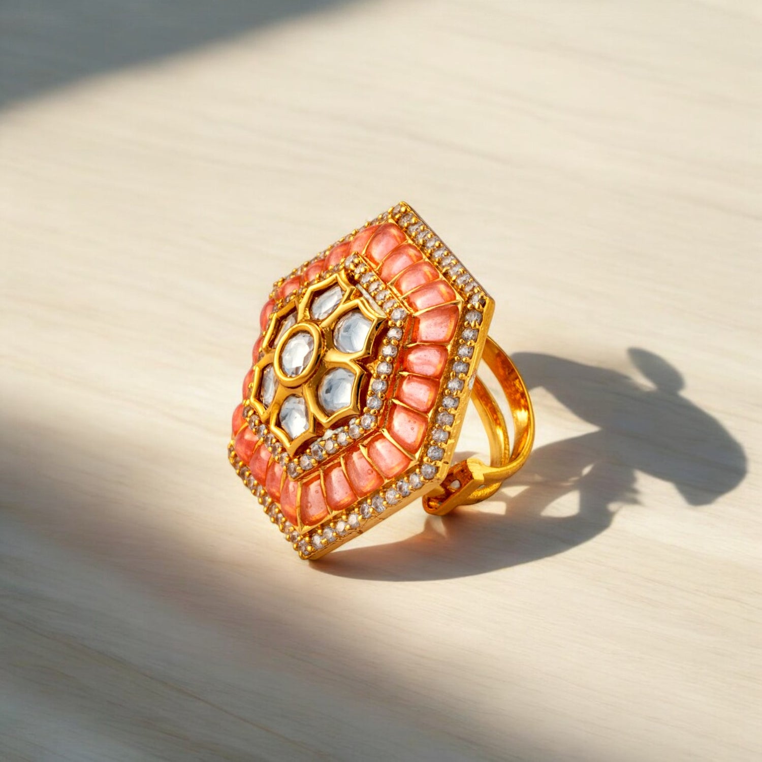 925 Sterling Silver Gold Plated Kundan Studded Adjustable Cocktail Ring for Women & Girls