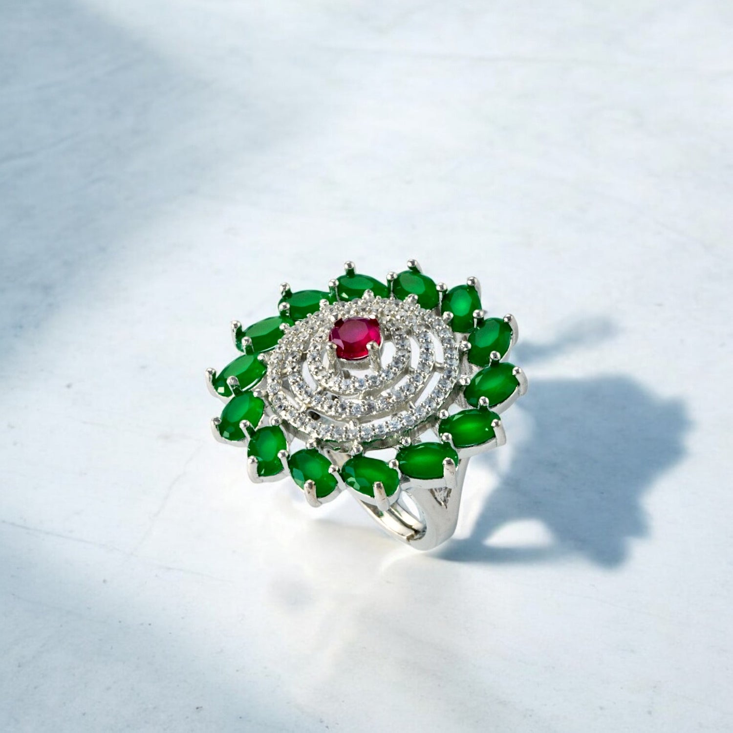 Sterling Silver Midnight Bloom Green Round Zircon Studded adjustable Cocktail Ring for Women and Girls