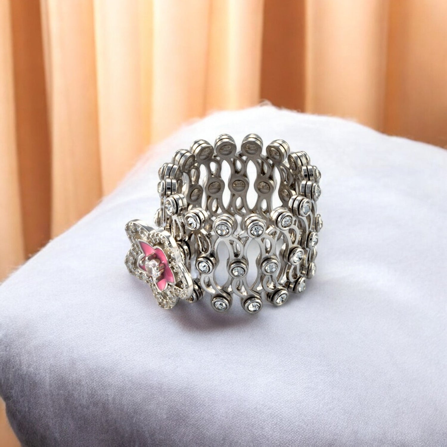 Sterling Silver Floral Studded Ring cum Bracelet for Women and Girls