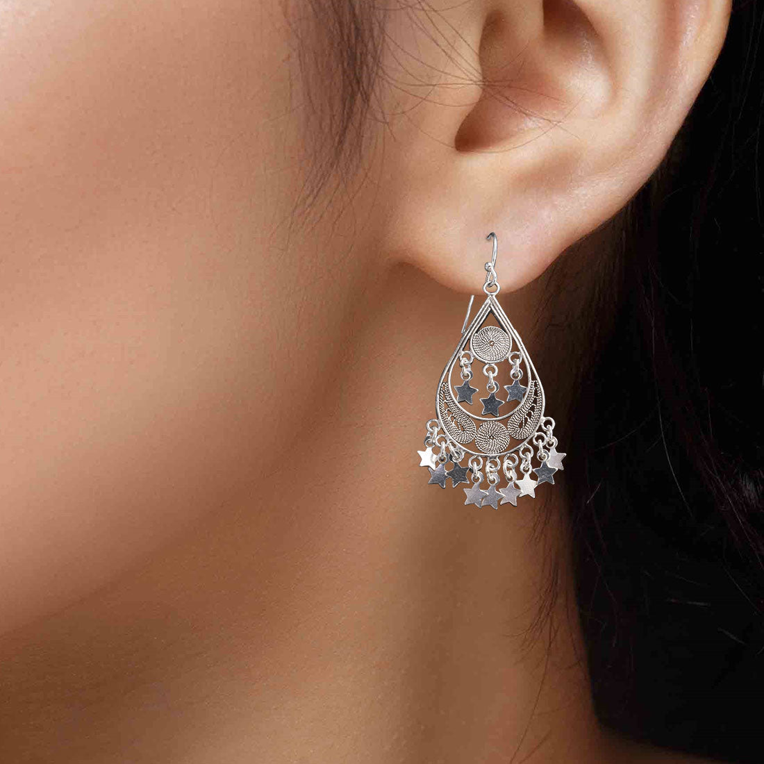 Sterling silver Moon Tarnish oxidized ethnic drop earrings for women and girls