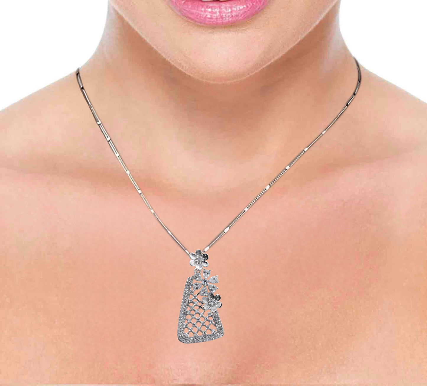 Sterling silver triangle flower stone pendant with earrings set for women and girls (without chain)