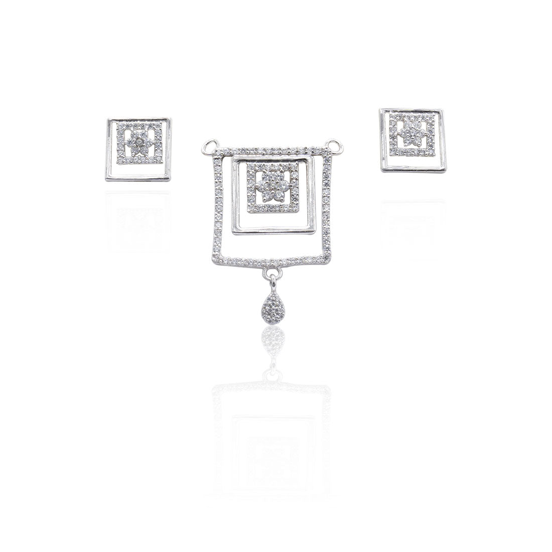 925 Sterling Silver Floral Square Stone Pendant Set with Earrings for Women & Girls (No Chain)