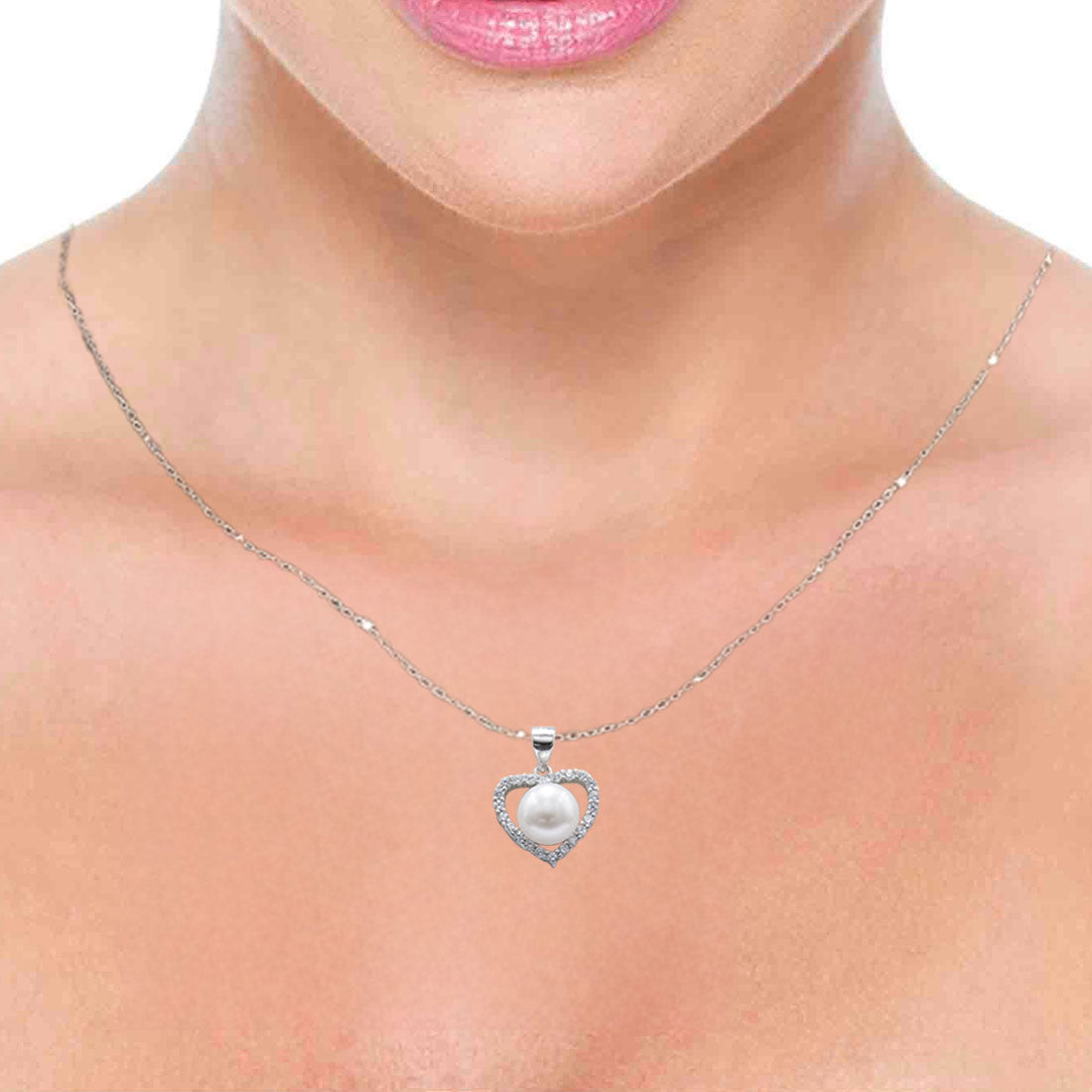 Sterling silver pearl in heart stone pendant with earring set for women and girls (without chain)