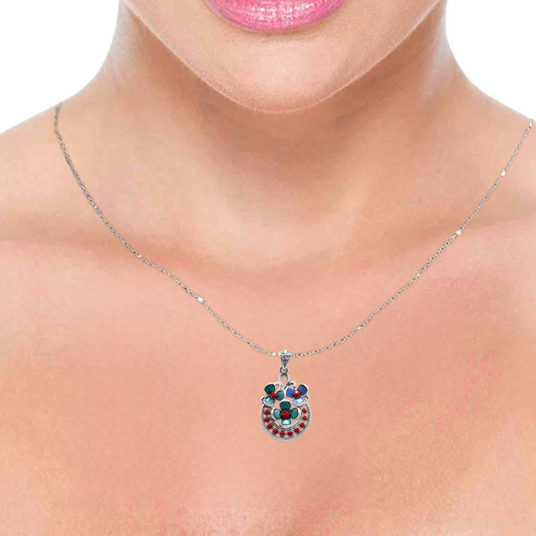 Oxidised tulip pendant with red beads for women and girls (without chain)