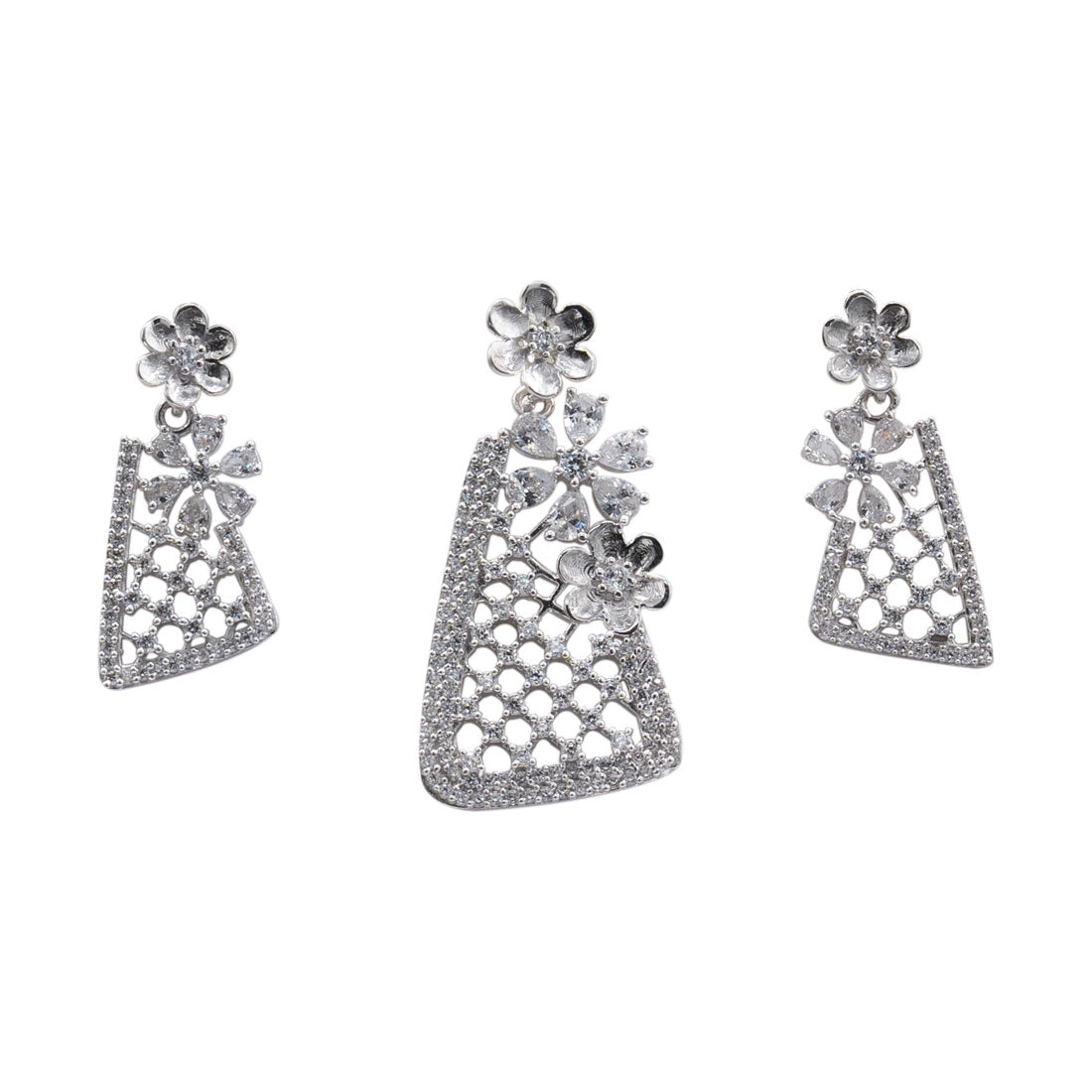 Triangle Floral Stone Pendant & Earring Set in Sterling Silver for Women & Girls (No Chain)