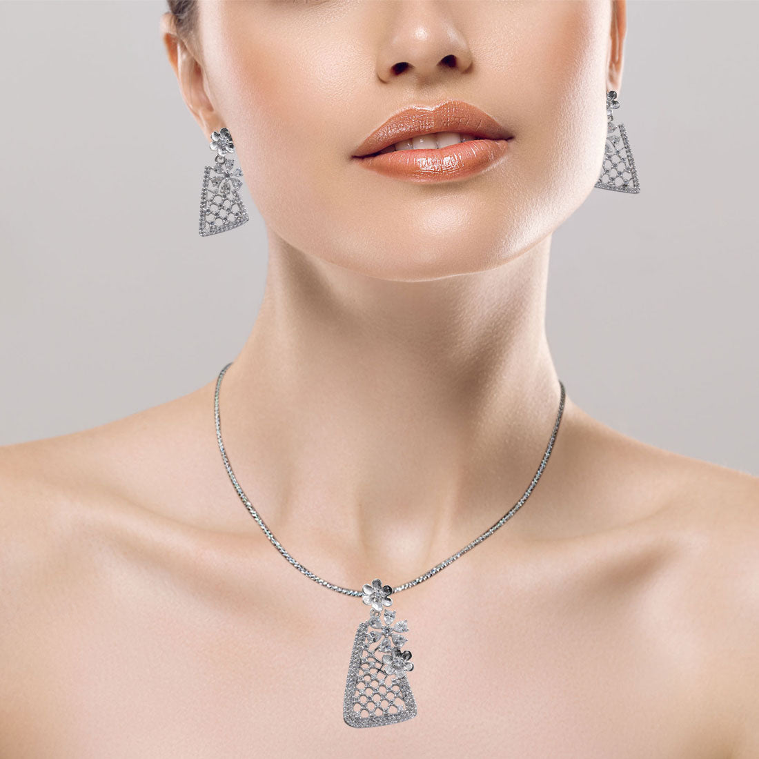 Triangle Floral Stone Pendant & Earring Set in Sterling Silver for Women & Girls (No Chain)
