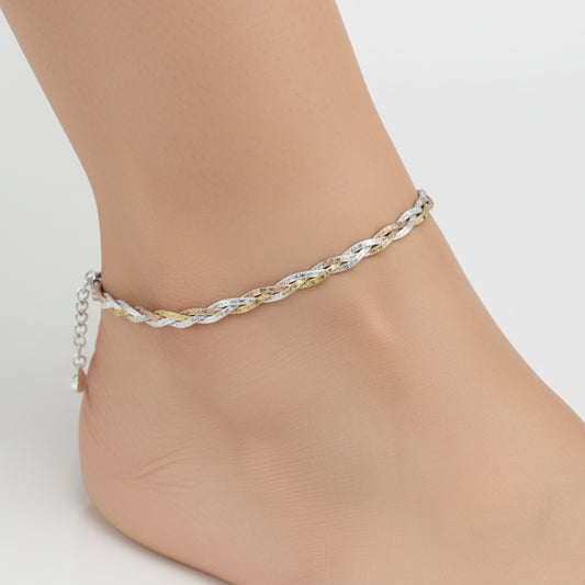 Stylish Twisted Triple Tone Silver Anklet for Women & Girls