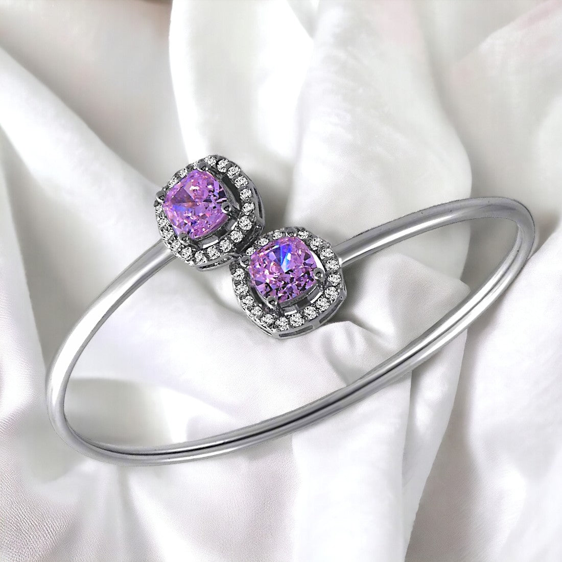 Sterling Silver Open Cuff Bangle with Pink Cushion Cubic Zirconia Halo Stones for Women & Girls