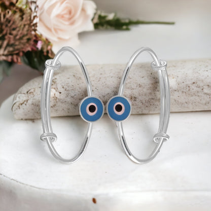 Pure 925 Sterling Silver Evil Eye Kids Bangle Pair