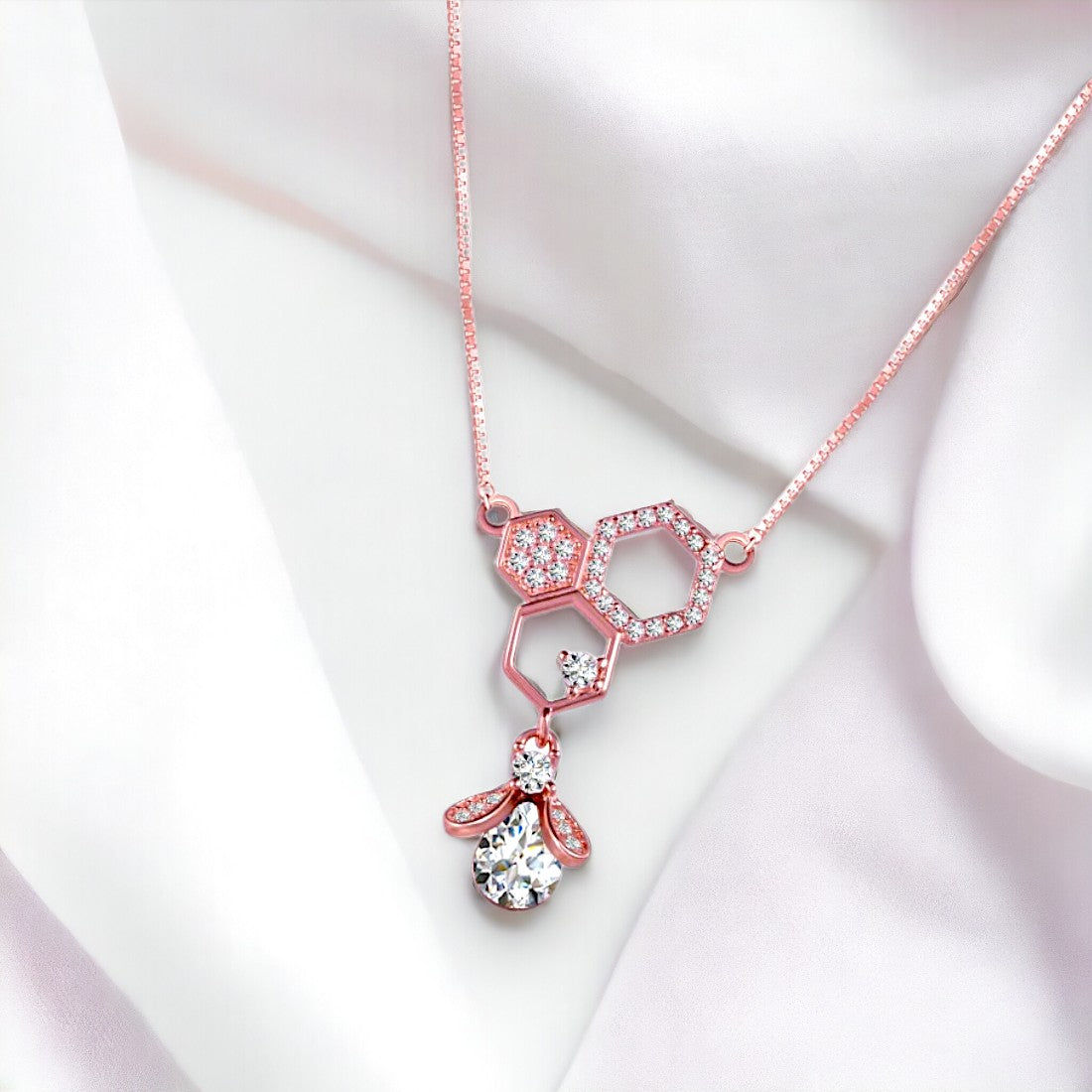 Sterling Silver Rose Gold Plated Bee Hanging Hive Pendant With Chain For Women & Girls