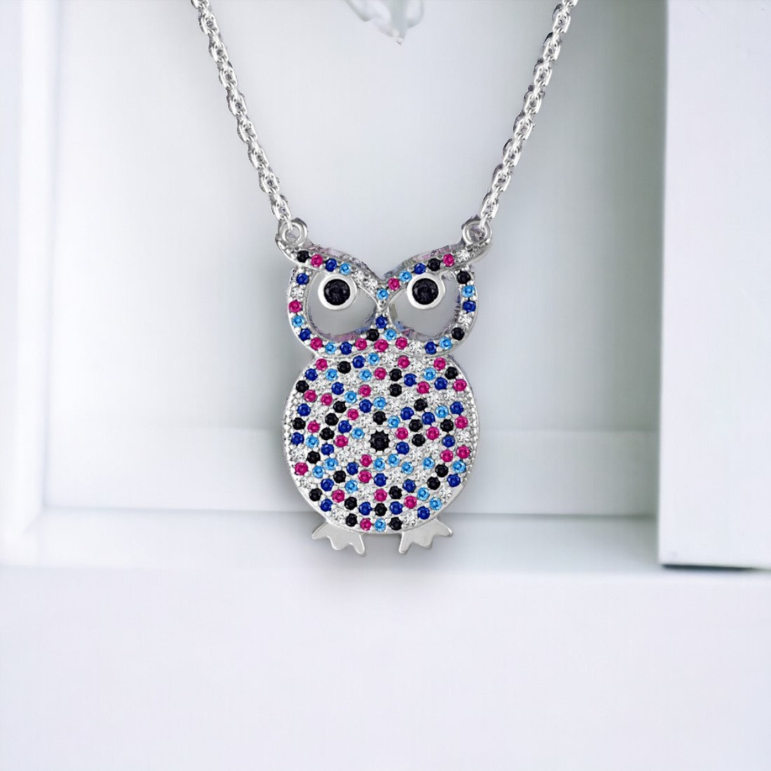 Sterling Silver Multicolour Owl Chain Pendant for Women & Girls