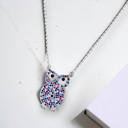 Sterling Silver Multicolour Owl Chain Pendant for Women & Girls