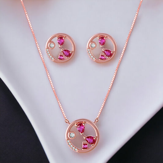Rose gold  Round Motif Chain Pendant And Earring Set