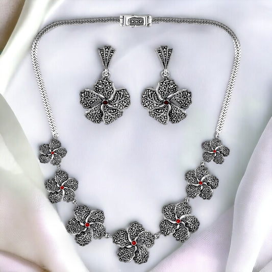 Oxidized Flower Necklace Set With Maroon Stone