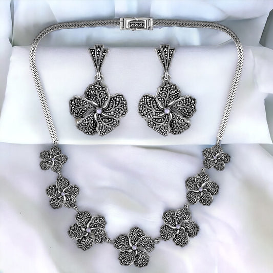 Oxidized Flower Necklace Set With White Stone