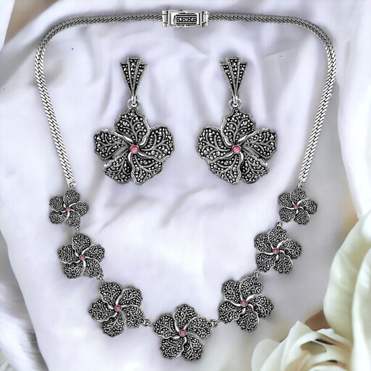 Oxidized Flower Necklace Set With Pink Stone