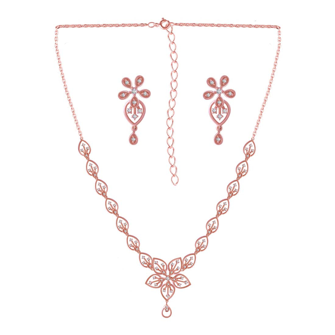 Rosegold Plated Stone Studded Floral Necklace with Earring Set for Woman and Girls