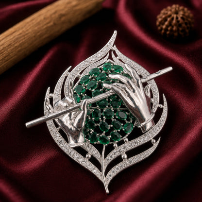 Sterling Silver Flute Motif Brooch Cum Pendant with Green Stones for Men and Women