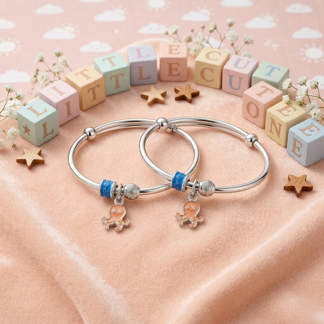 925 Sterling Silver Kids Adjustable Octopus Charm Bangle