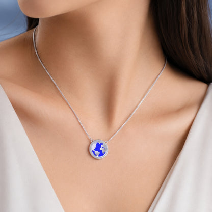 925 Sterling Silver Blue Globe Chain Pendant  for Women & Girls