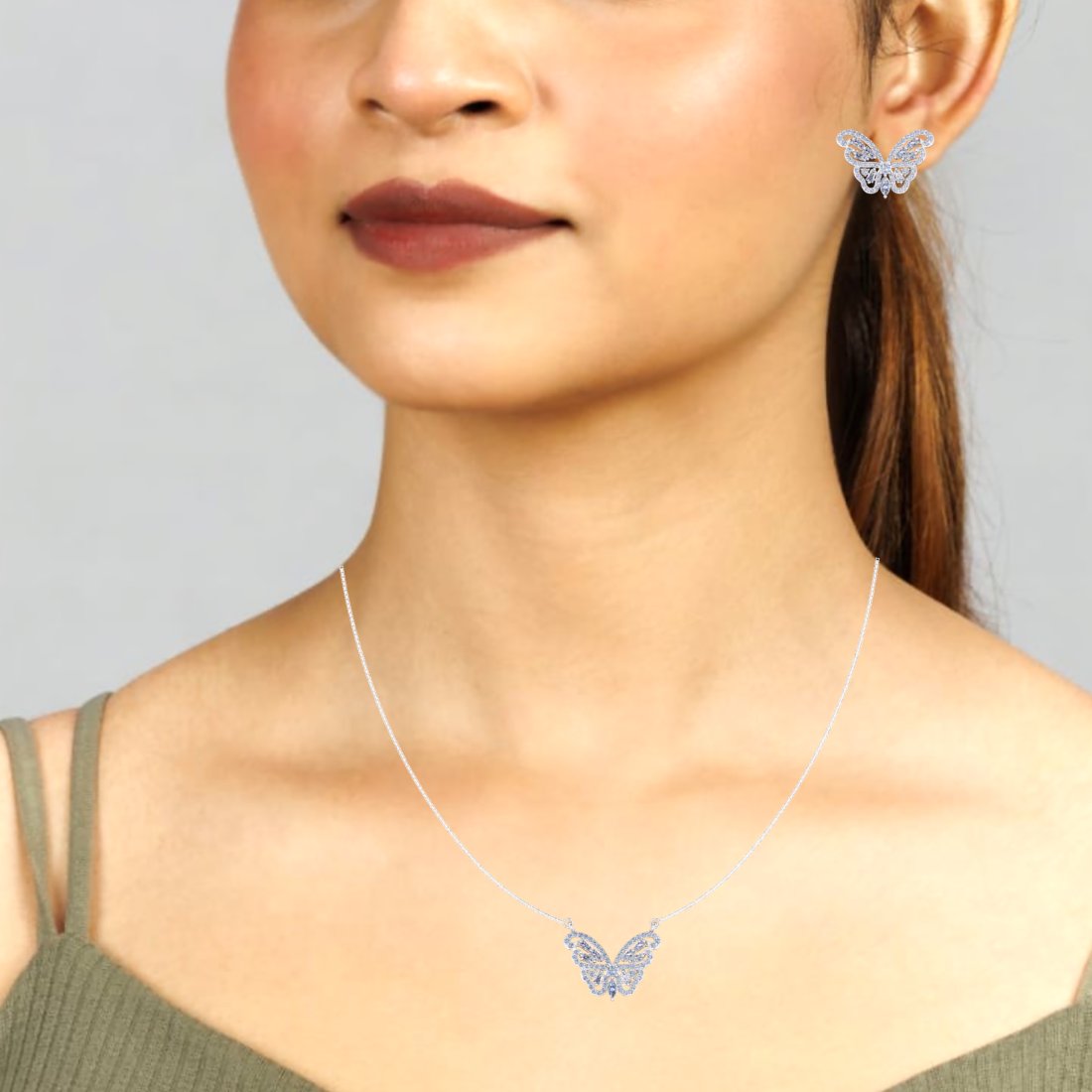 Sterling Silver Zircon studded butterfly chain pendant with earrings for women and girls