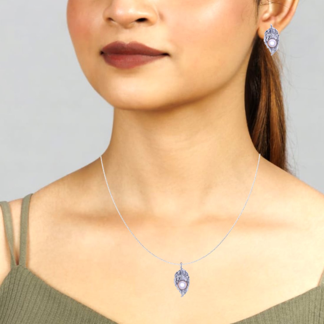 Sterling Silver leaf chain pendant with earrings set for women and girls