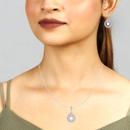 Sterling Silver Zircon studded pearl chain pendant with earrings set for women and girls