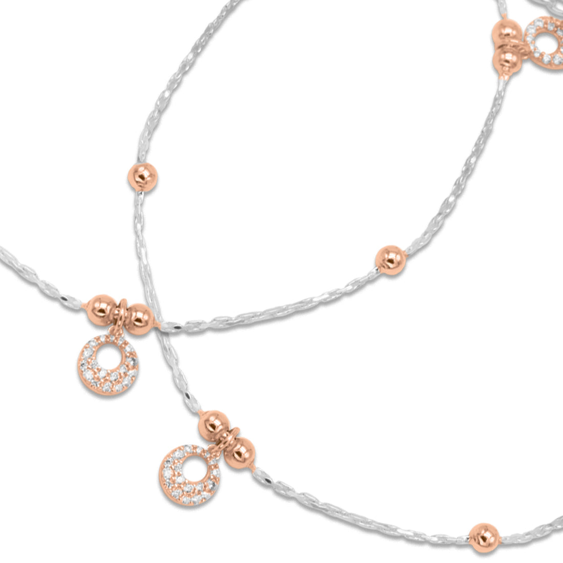 Sterling Silver Rose Gold Tone Cubic Zirconia Charm Anklet for Women & Girls