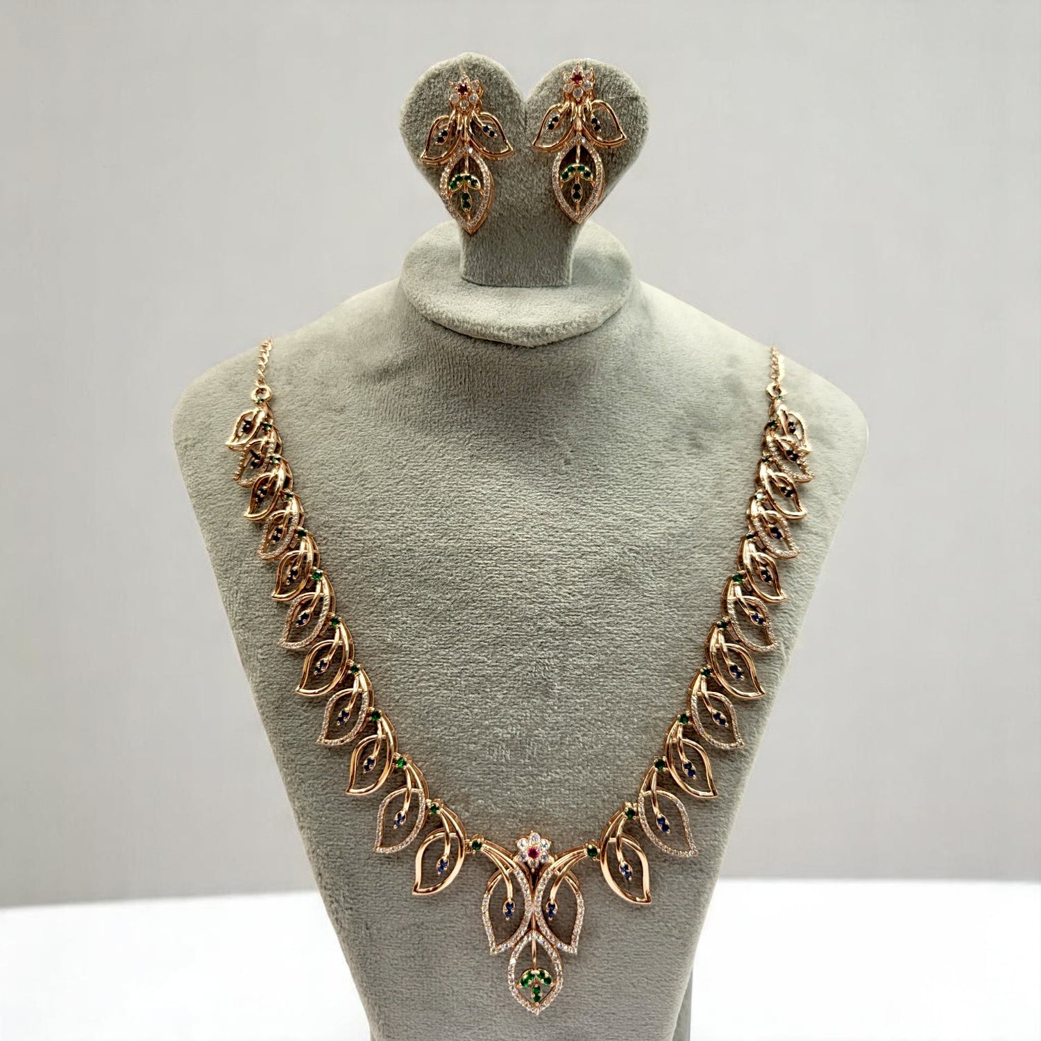 Sterling Silver Rosegold Plated Zircon Studded Petals Necklace Set For Women and Girls