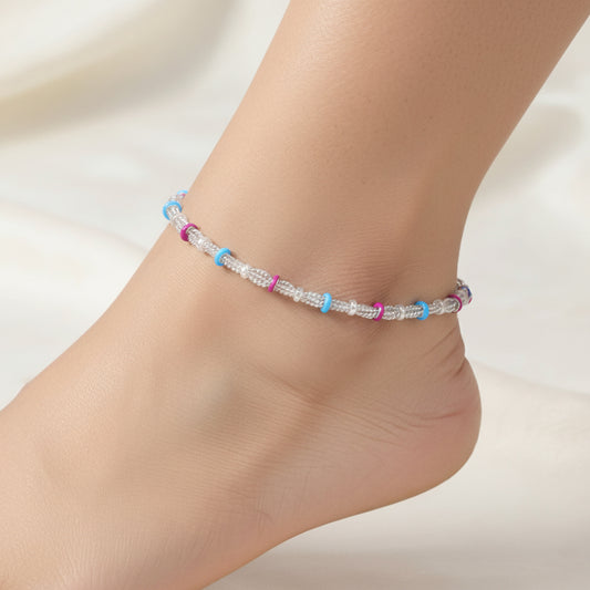 Modern Blue & Pink Enamel Rings Sterling Silver Anklet for Women & Girls