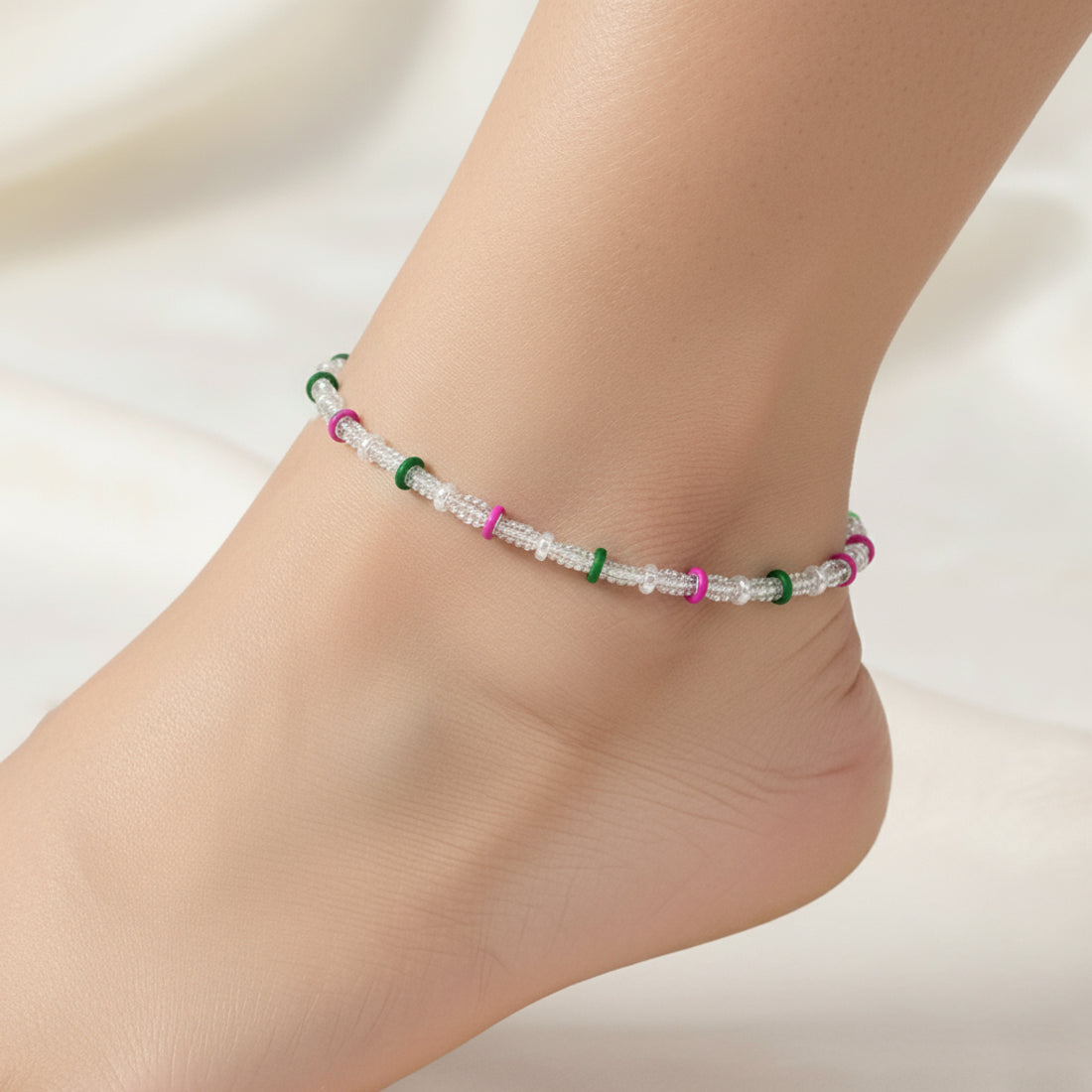 Modern Light Green & Pink Enamel Rings Sterling Silver Anklet for Women & Girls