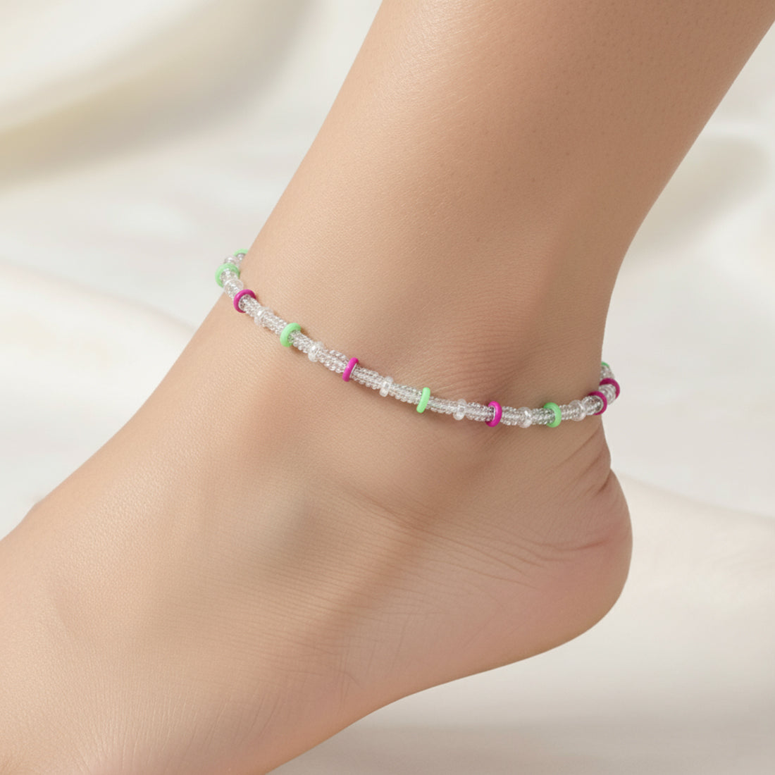 925 Sterling Silver Anklet Pair for Women & Girls – Modern Green & Pink Enamel Design