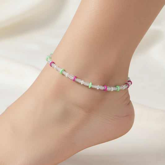 Modern Green & Pink Enamel Rings Sterling Silver Anklet for Women & Girls