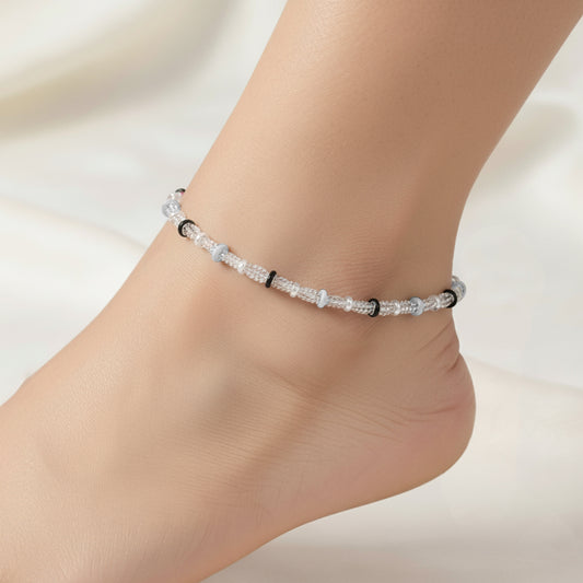 Modern Black & White Enamel Rings Sterling Silver Anklet for Women & Girls