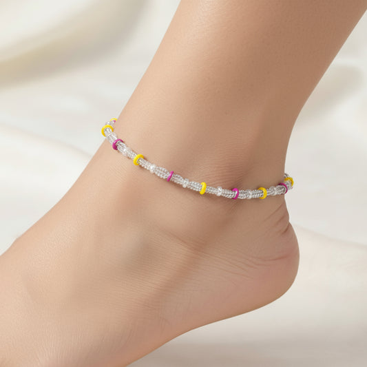 Modern Yellow & Pink Enamel Rings Sterling Silver Anklet for Women & Girls