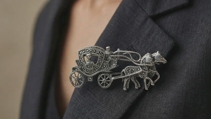 Moon Tarnish Oxidized Silver Horse Cart Brooch Cum Pendant For Men & Women